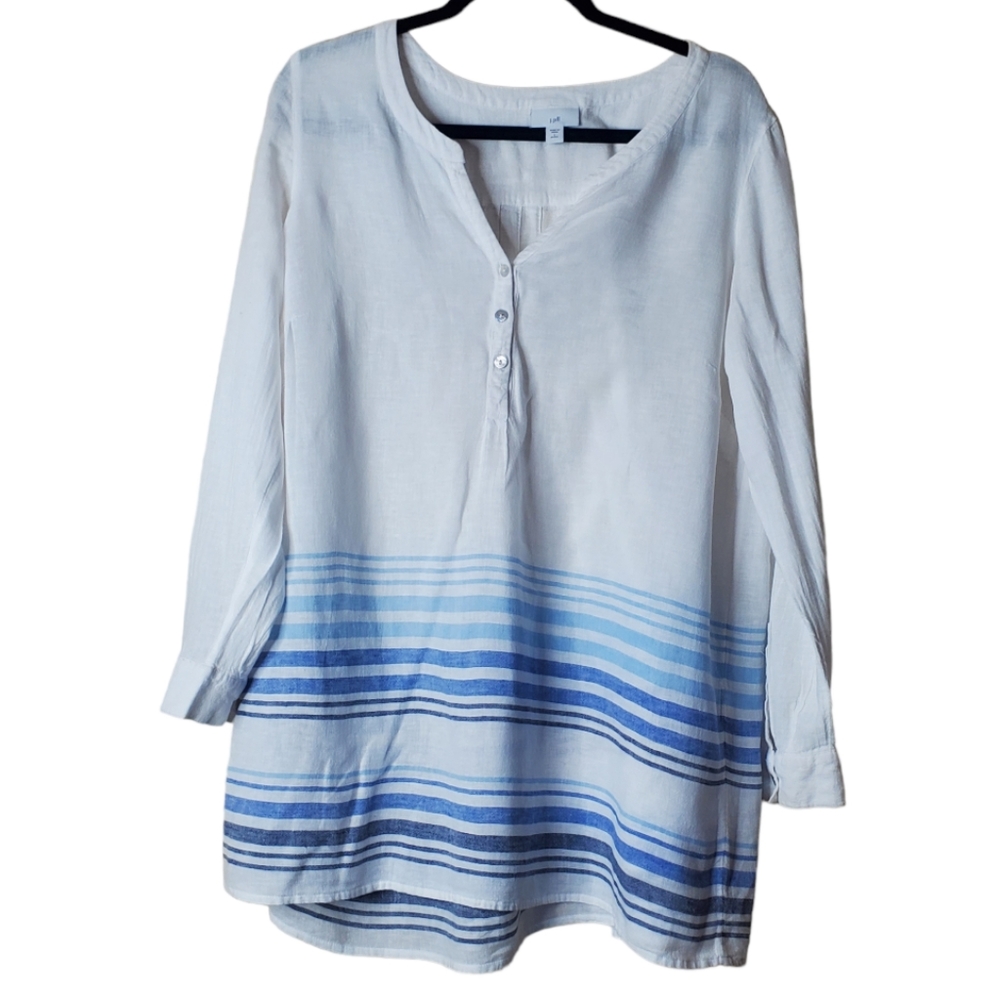 J. Jill Linen Blend Tunic Blouse White blue Ombre Stripe Petite Large Co…